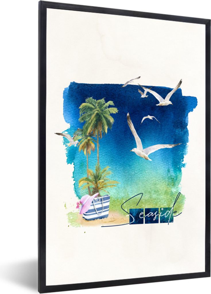 MuchoWow MuchoWow Gerahmtes Poster Strandtasche - Vogel - Palme - Strand 20x30 cm - Poster mit zchwarzem Bilderrahmen - Drucken - Bilder Poster...