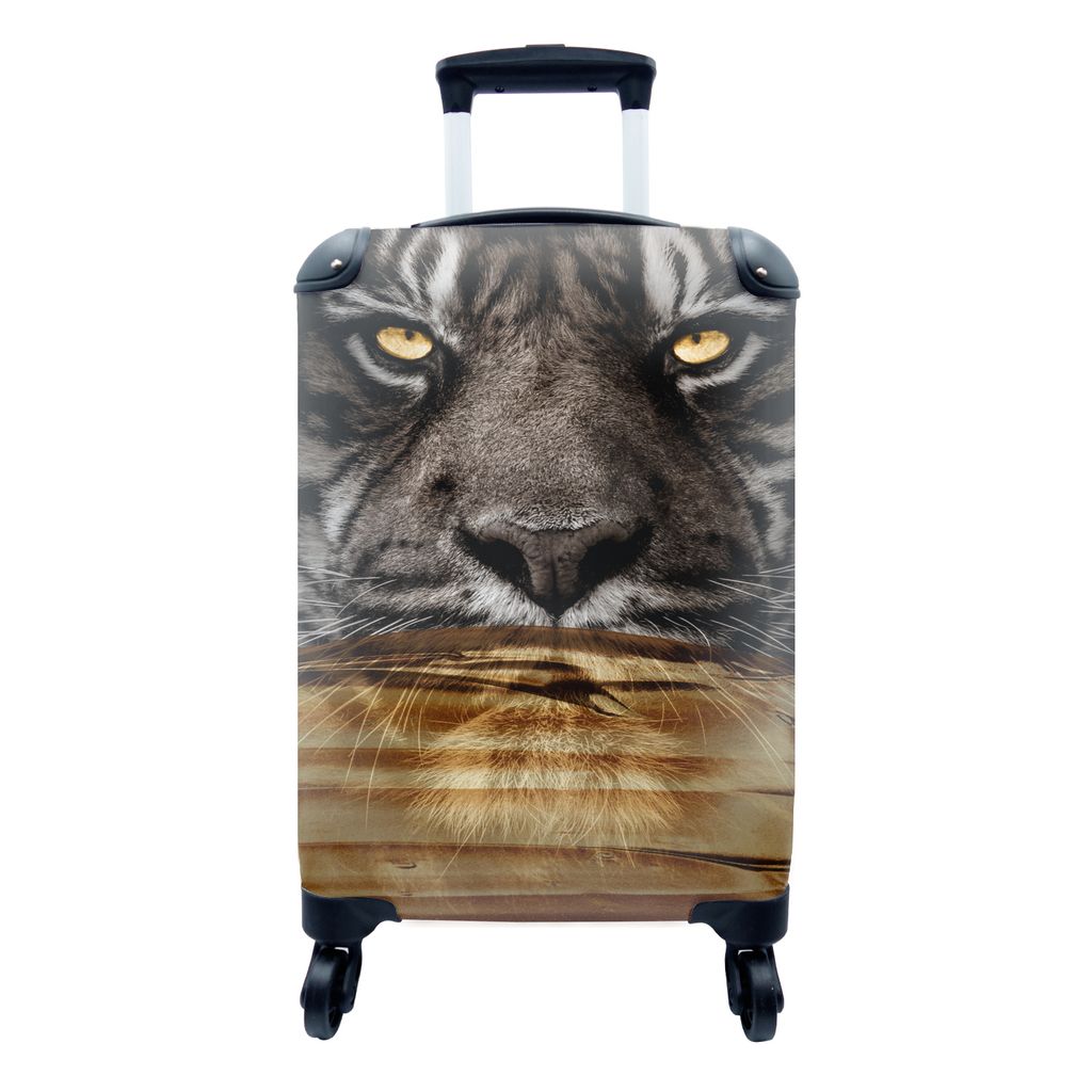 MuchoWow Koffer Handgepäck Trolley Rollkoffer Kleine Reisekoffer mit 4 Rollen - Tiger - Porträt - Gold - Cabin Size < 55x40x23 cm & 55x40x20 cm...