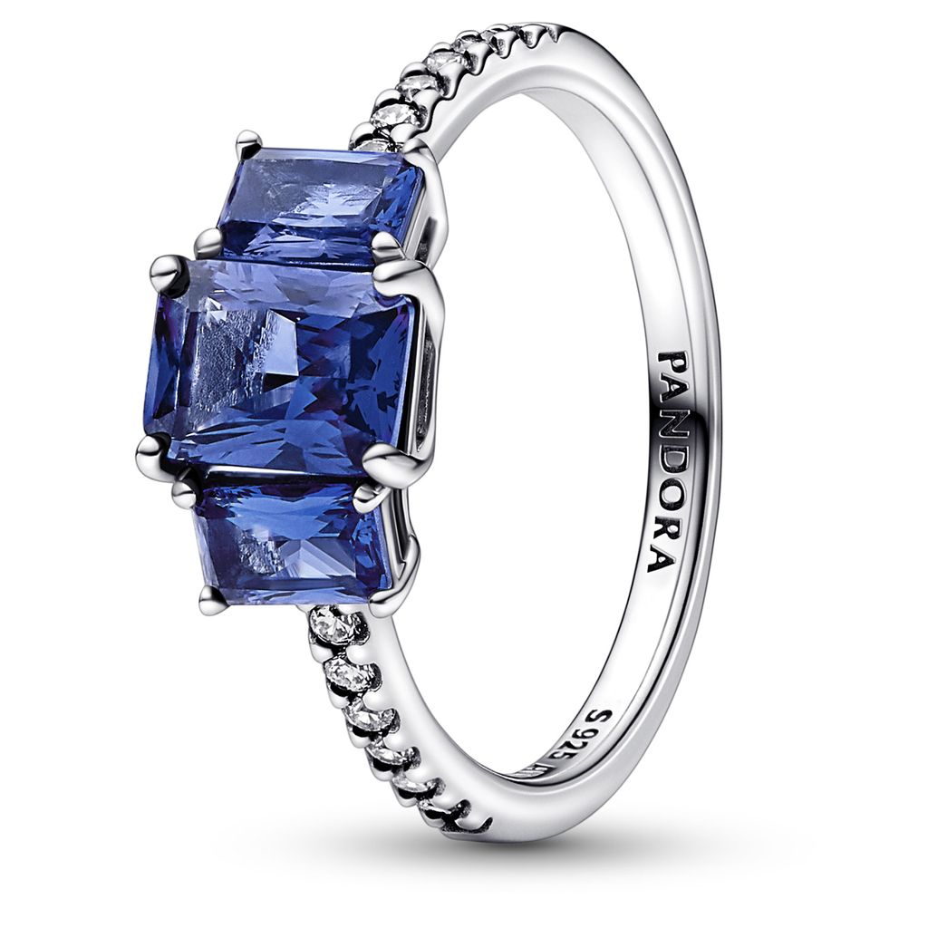 Pandora Blauer Rechteckiger Funkelnder Drei-Stein-Ring 192389C01 Damenring, Ringgröße:56