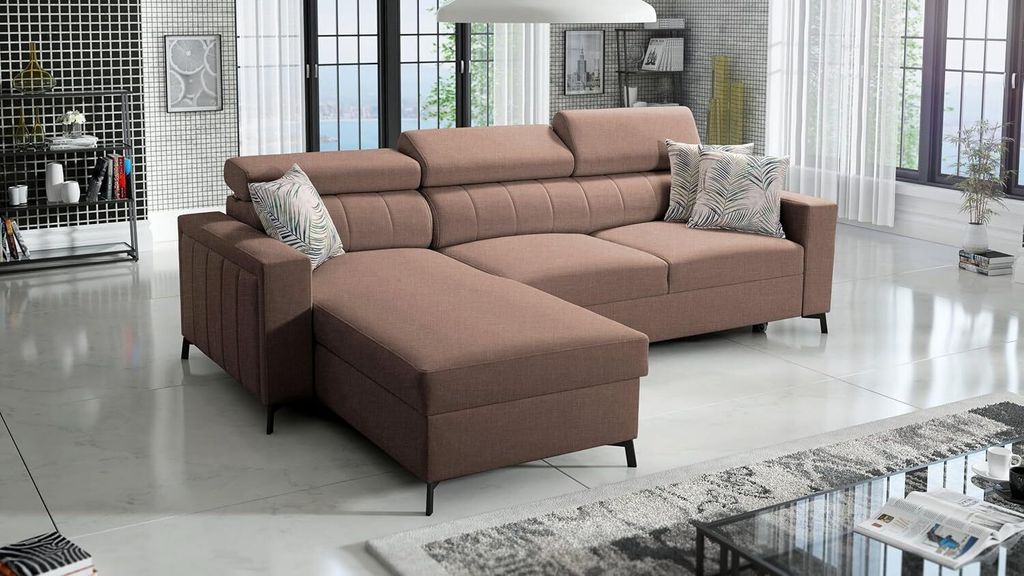 Ecksofa Beth I Mini mit Schlaffunktion und Stauraum für Bettzeug für das Moderne Wohnzimmer