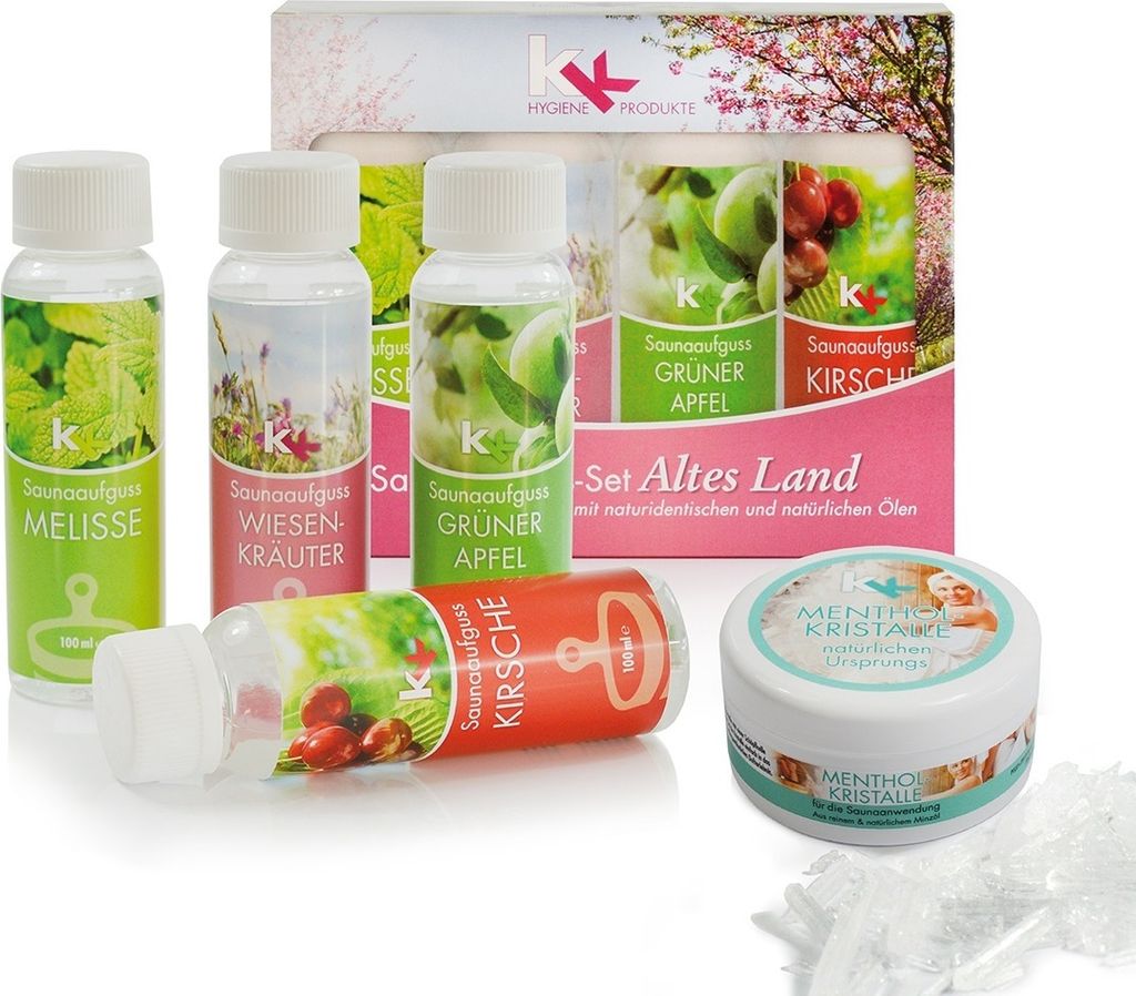 KK Saunaaufguss Set Altes Land | Saunakonzentrat | 4 x 100 ml/Flasche inkl. 50 g Mentholkristalle