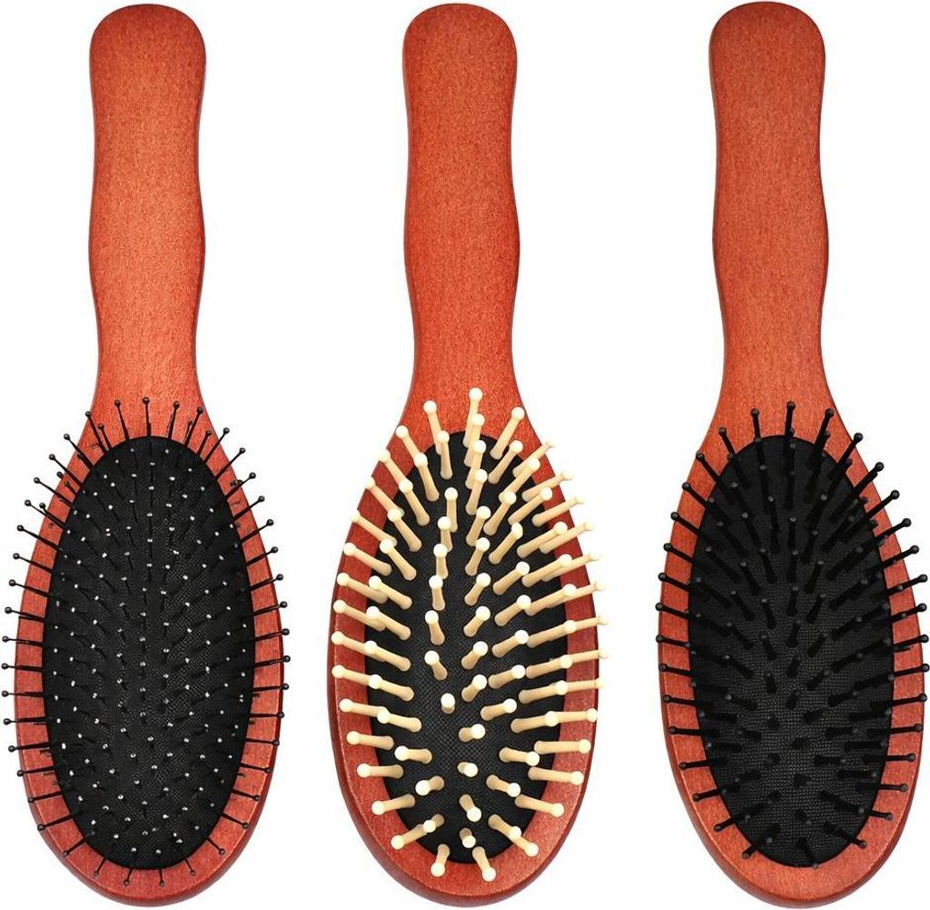 Haarbürste Holz 22cm, 3fach sortiert, mit Noppen an den Bürsten zur Kopfhautmassage, Elina med