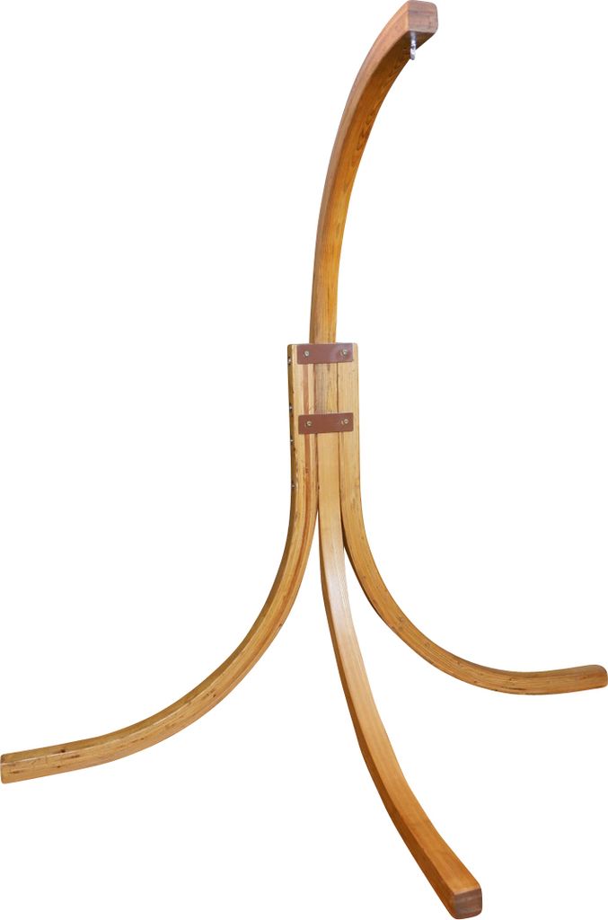 A wooden hammock stand on a white background.
