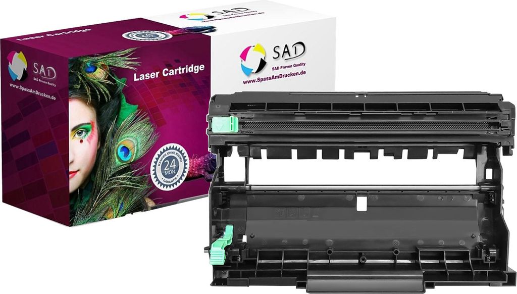 A printer drum unit and its packaging are shown against a white background.