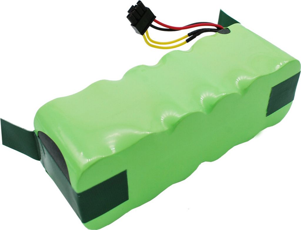 A green battery pack with wires and a connector on a white background.