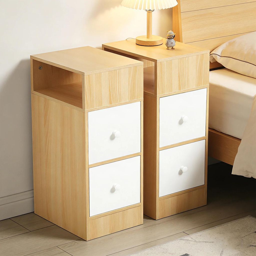 Nachttisch 2er-Set - Nachtkommoden - Schmal für kleine Räume - 2 Schubladen - Offenes Fach - Minimalistisch modern - Naturholz