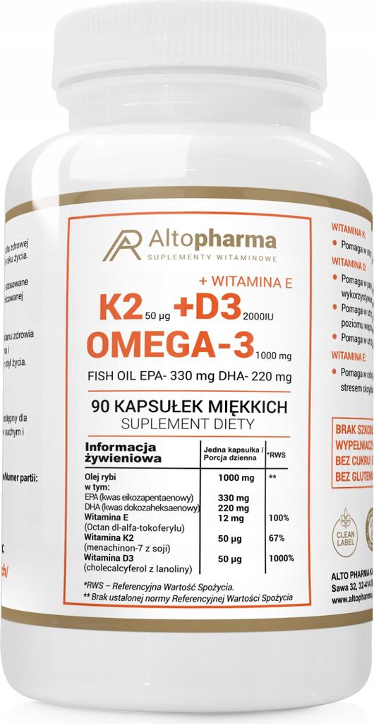 ALTO PHARMA Vitamin K2 MK-7 + D3 2000IU Vit E + Omega-3 90 Weichkapseln