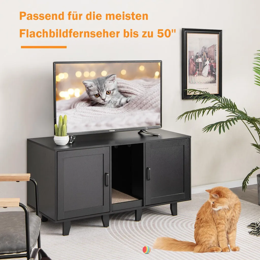 Meuble cache-litière chat noir, double porte et poteau à griffes