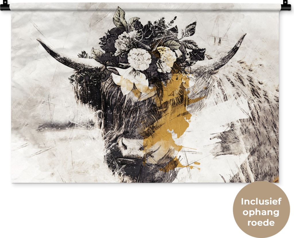 MuchoWow Wandteppich Wandbehang Schottisches Hochlandrind - Gold - Weiß - Farbe 90x60 cm Tapisserie Dekoration Wandtuch - Wandskulpturen - Bildt...