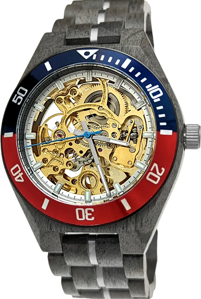 Montre squelette automatique en bois DELBRUECK grise et dorée élégante