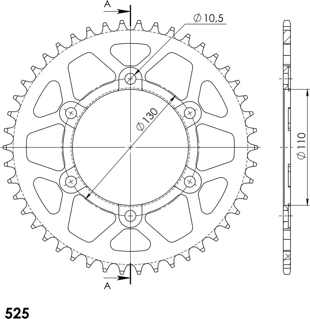 Supersprox Alu-Kettenrad 525 - 46Z (blau) RAL-480:46-BLU|ID 110,0 LK 130,0 6-Loch