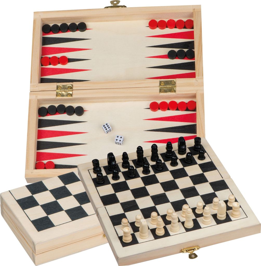 Reisespielset aus Holz mit Backgammon - Schach - Dame Spiel