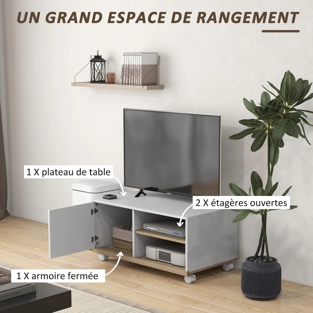 Meuble TV Scandinave à Roulettes - Support Vidéo avec 2 Passe-câbles - 4