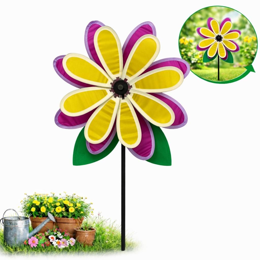 Gartenstecker mit Blume – Gelb mit Lila – Windmühle 112 cm – Windspiel-Gartendekoration – Drehbare Gartenmühle