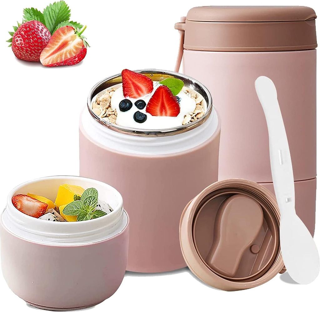 304 Edelstahl Isolierbecher 680 ml, Thermobecher doppelwandig, Frühstücksbecher mit Löffel, rosa, vakuumisoliert, langlebig & auslaufsicher