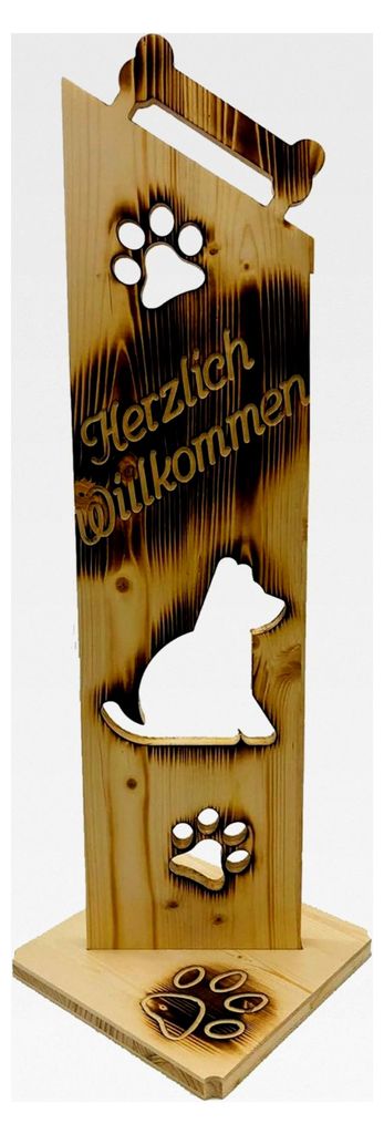 Holz Deko Schild geflammt Herzlich Willkommen Hund
