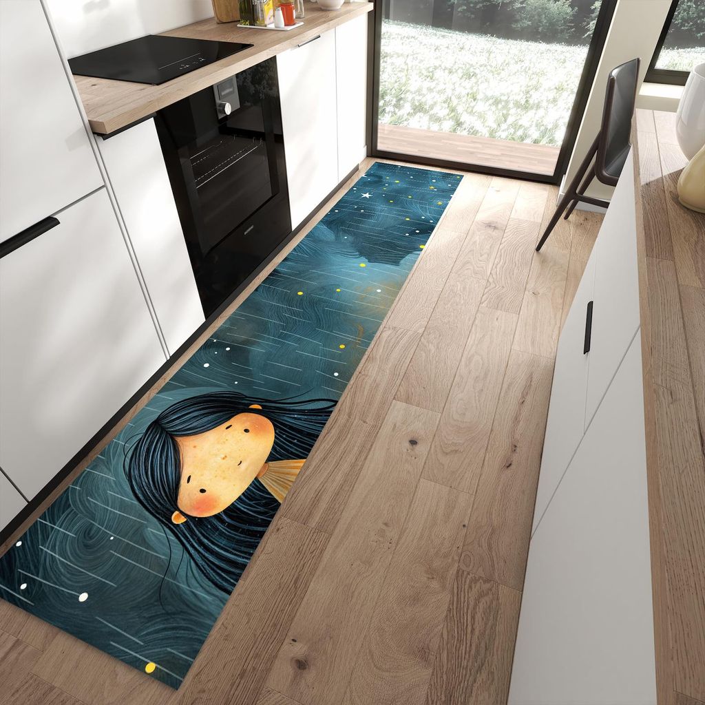 Küchenteppich 60x300cm rutschfest & abwischbar PVC Läufer - Mädchen im Regen