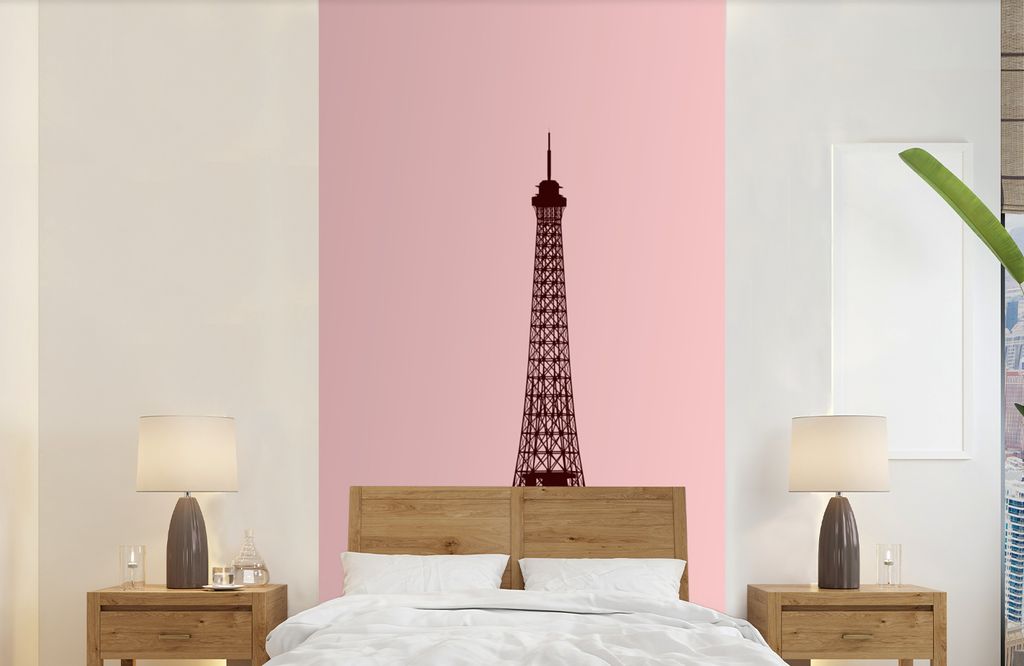 MuchoWow Fototapete für Wohnzimmer oder Schlafzimmer Wandtapete Vinyl Motivtapete Eine Illustration des Eiffelturms in Rosa - 120x240 cm - Hinte...