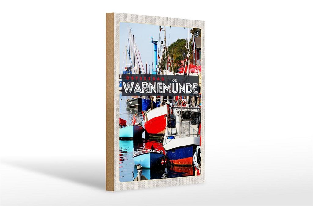 Holzschild Reise 20x30cm Warnemünde Ostseebad Schiffe Boot Produktbild 