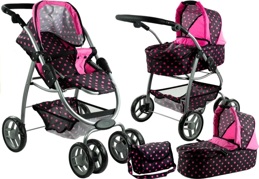 Poussette Poupée Alice 2 en 1 Noir Pois Roses : Jouet Robuste et Pliable