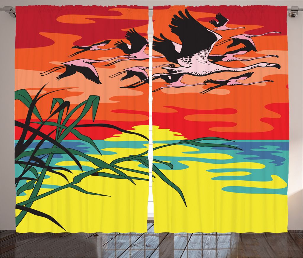 ABAKUHAUS Flamingo Rustikaler Vorhang, Vögel in der Luft Kunst, Wohnzimmer Universalband Gardinen mit Schlaufen und Haken, 280 x 245 cm, Mehrfarbig
