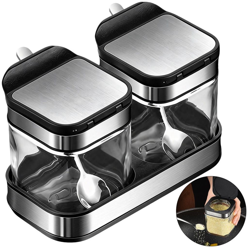 Gewürzbehälter Set ,2x Stück Gewürzdosen mit Deckel Vorratsdose Aufbewahrung,Zuckerdose mit Löffeln,Edelstahl