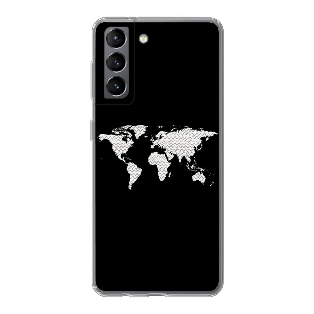 MuchoWow Handyhülle Schutzhülle Hülle für Samsung Galaxy S21 Weltkarte - Muster - Schwarz Silikon Softcase Handy Hülle - Softcase