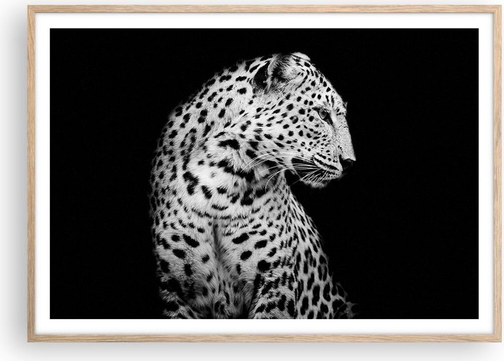 Gerahmtes Poster - Rahmen in heller Eiche - Leopard Panther Katze - 100x70 cm - Wand Bild - Wanddeko - Wandbilder - Kunstposter - Wandposter - Bild...