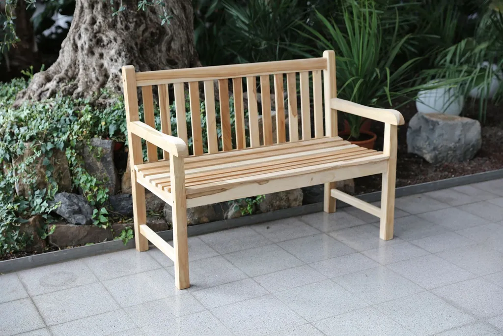 Banc de jardin en teck massif 2 places, assise confortable bois Java