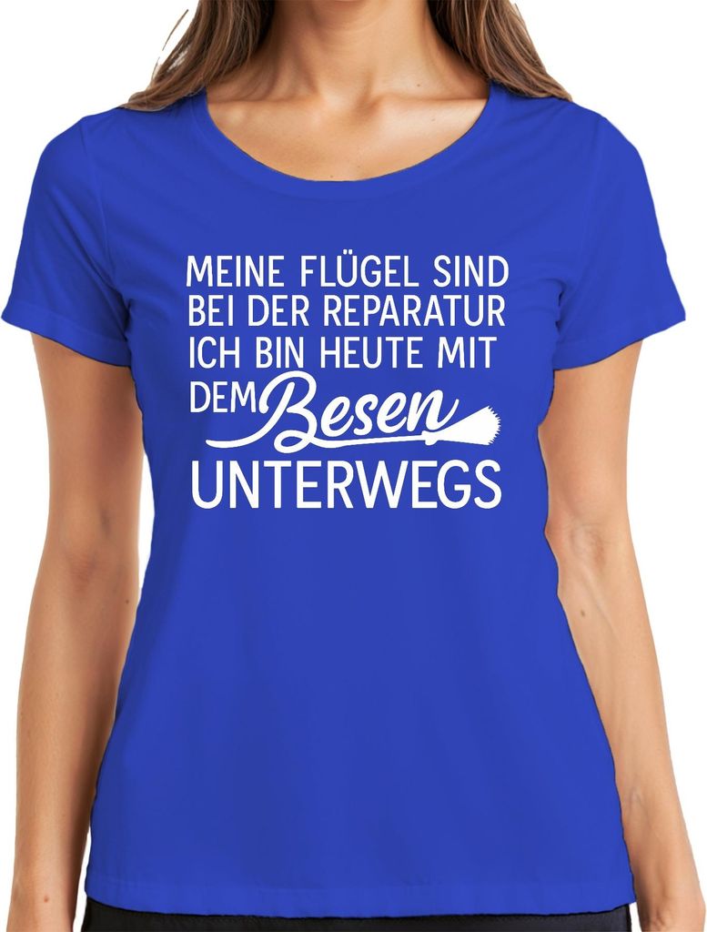 Flügel in Reparatur heute mit Besen unterwegs Hexe Lustig Spaß Damen T-Shirt, Blau, L