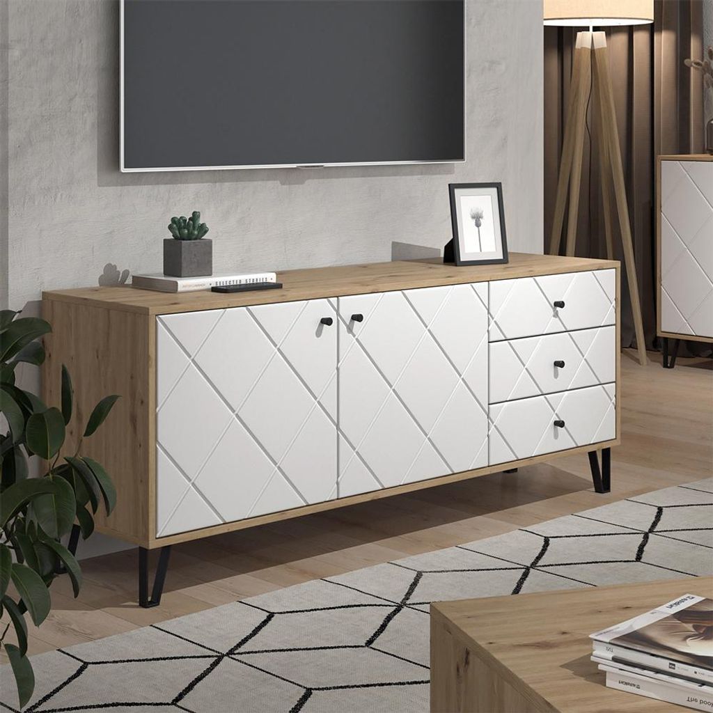 Vicco Lowboard Nizza, 150.2 x 60.2 cm mit 3 Schubladen & 2 Türen, Artisan/Weiß/Weiß
