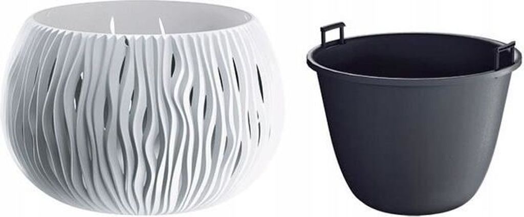A white decorative planter and a black bucket are shown side-by-side on a white background.