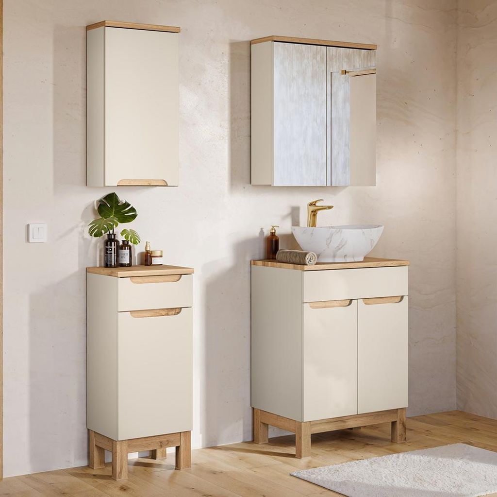Badmöbel-Set 4-teilig mit 60 cm Waschtisch & Spiegelschrank in kaschmir und Eiche, modern grifflos - SOLNA-56-CASHMERE