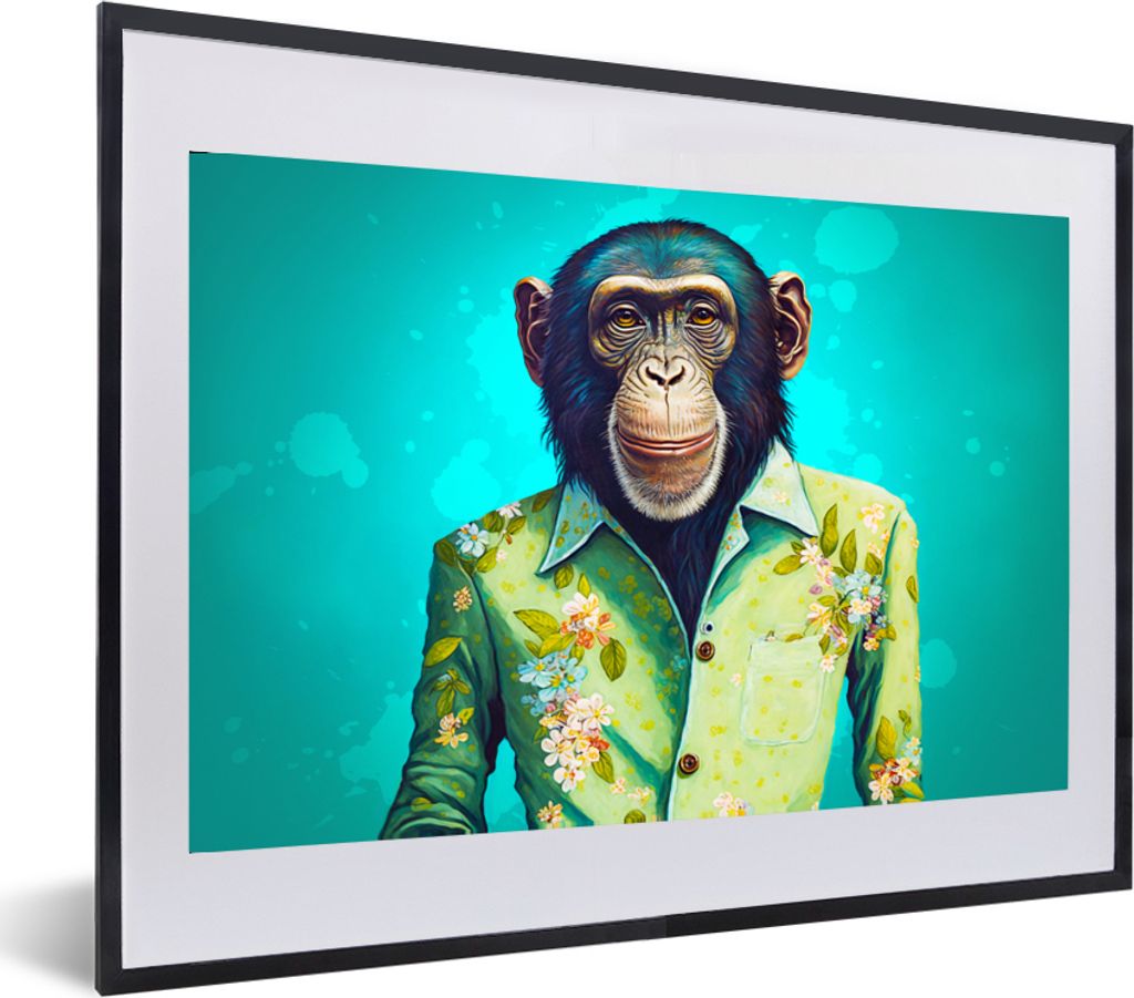 MuchoWow Gerahmtes Poster Affe - Bluse - Blumen - Grün - Porträt 60x40 cm - Poster mit Schwarzem Bilderrahmen Wandposter Rahmen Foto Bilder - S...