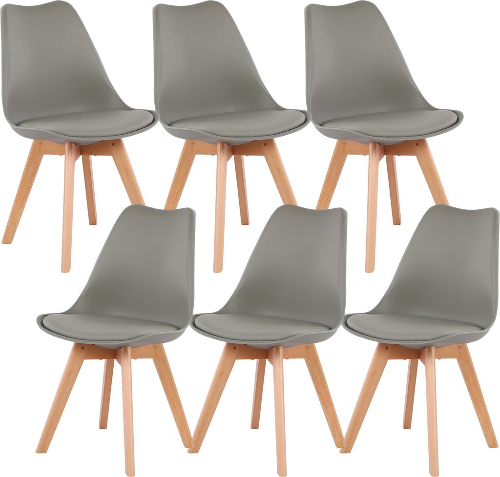 A set of six gray dining chairs with wooden legs arranged in two rows of three.