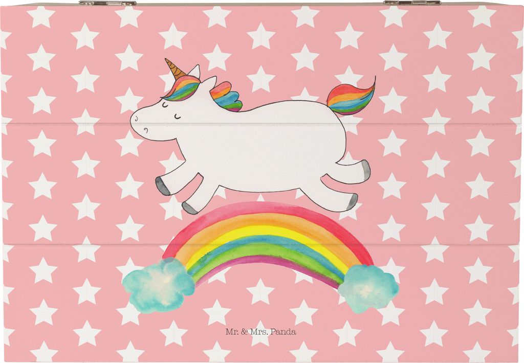 Mr. & Mrs. Panda Holztruhe Einhorn Regenbogen 22 x 15 cm - Rot Pastell - Geschenk, geschenkkiste, Erwachsenwerden, Box, Glitzer, Truhe, Einhornauto...