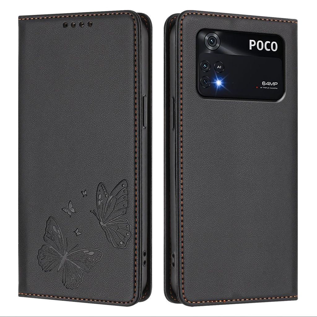 Lederhülle für Xiaomi Poco M4 Pro 4G, Schmetterling Prägung Leder Brieftasche Schutzhülle mit Ständer Schwarz