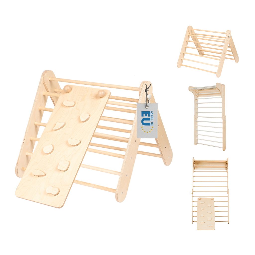 Kletterdreieck Sprossenwand mit Rampe / Rutsche 2in1 Indoor, aus Holz, Naturholz