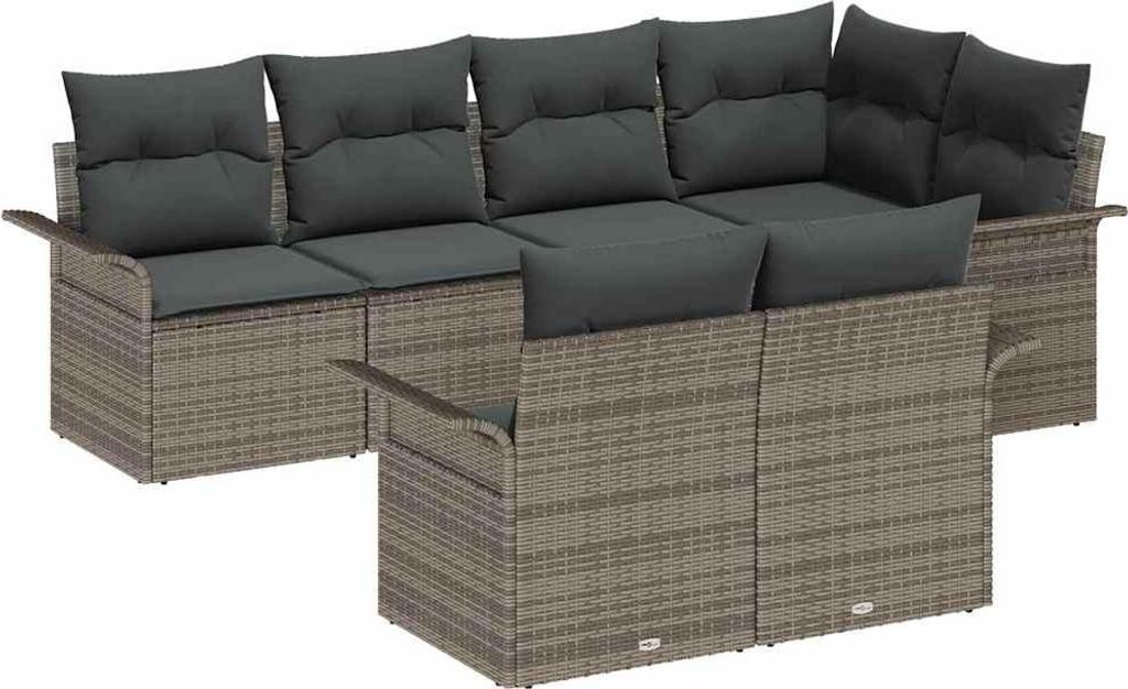 Garten-Sofa-Set mit Kissen mit Speicher 7 pcs Grau Poly Rattan