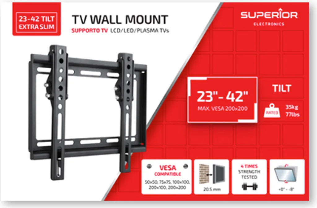 Support TV Mural Extra Slim avec Inclinaison pour Écrans 23-42 Pouces