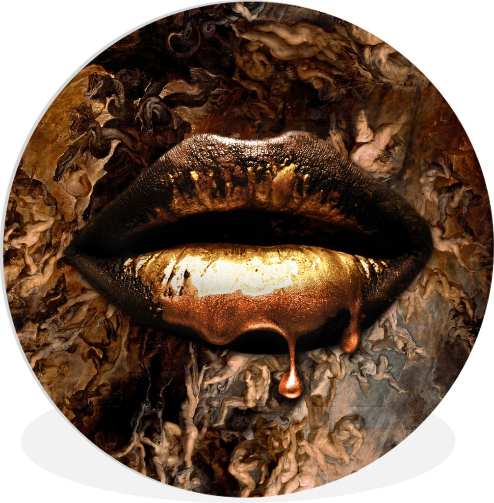 MuchoWow Rundes Wandbild - Runde Bilder Gold - Lippen - Luxus Ø 30 cm Kreis Wanddekoration Kunststoff - Wandkreis - Wandschmuck - Schlafzimmer -...