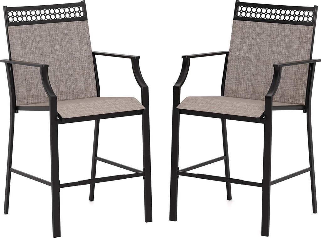 GOPLUS Gartenstuhl 2er Set, Barhocker Barstuhl mit hohe Rückenlehne, Armlehnen & Fußstütze, Balkonstuhl aus Metall bis 180kg belastbar, Braun