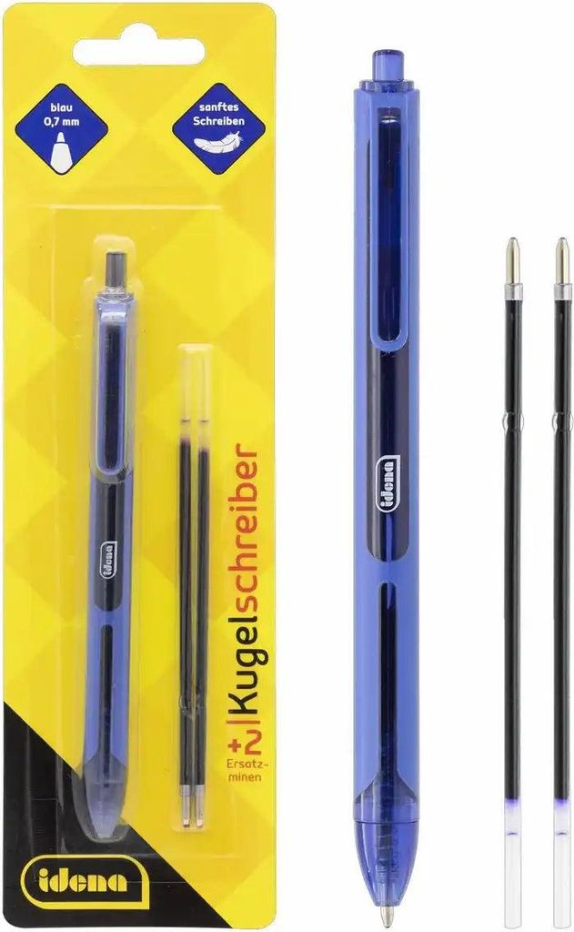 Idena Kugelschreiber mit 2 Ersatzminen - Schreibfarbe blau - 3-teiliges Set