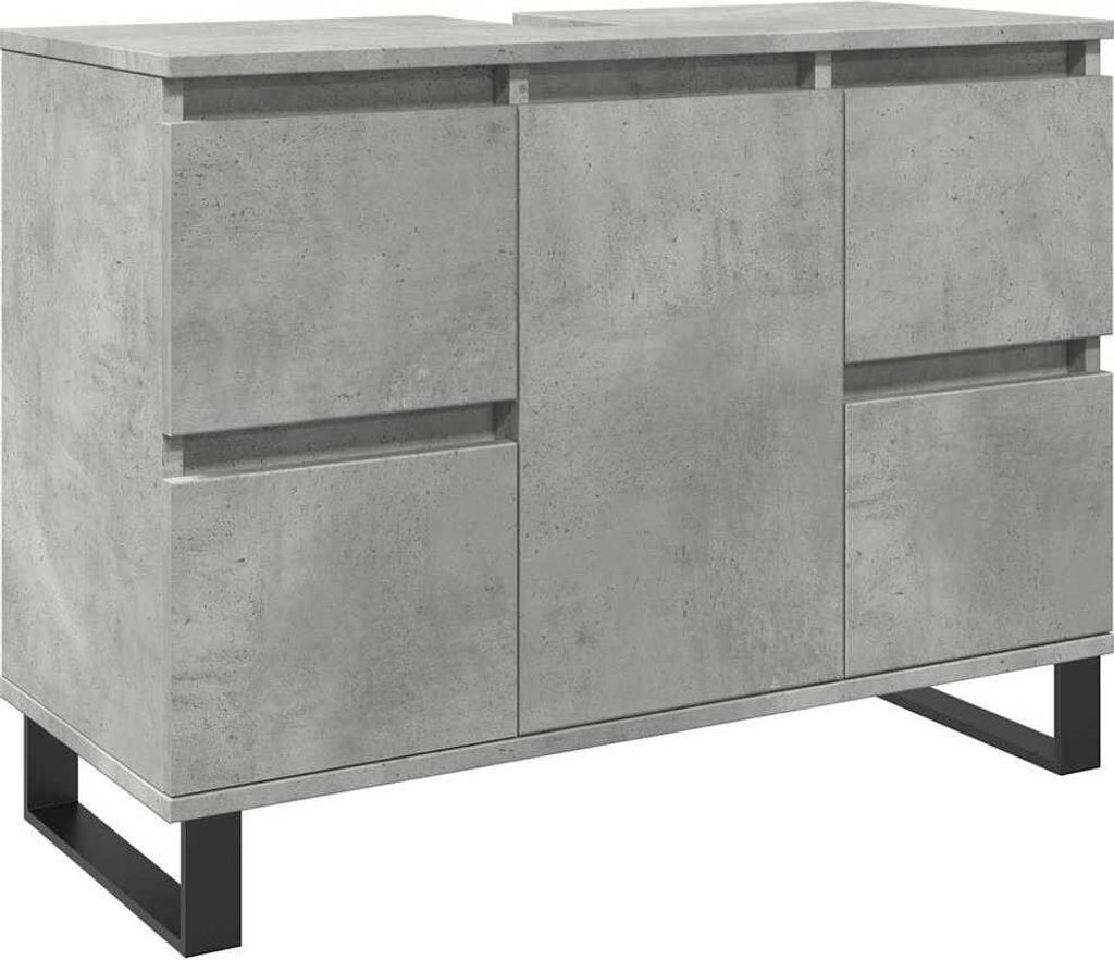A standalone image of a bathroom vanity cabinet with a concrete-like finish and black metal legs.
