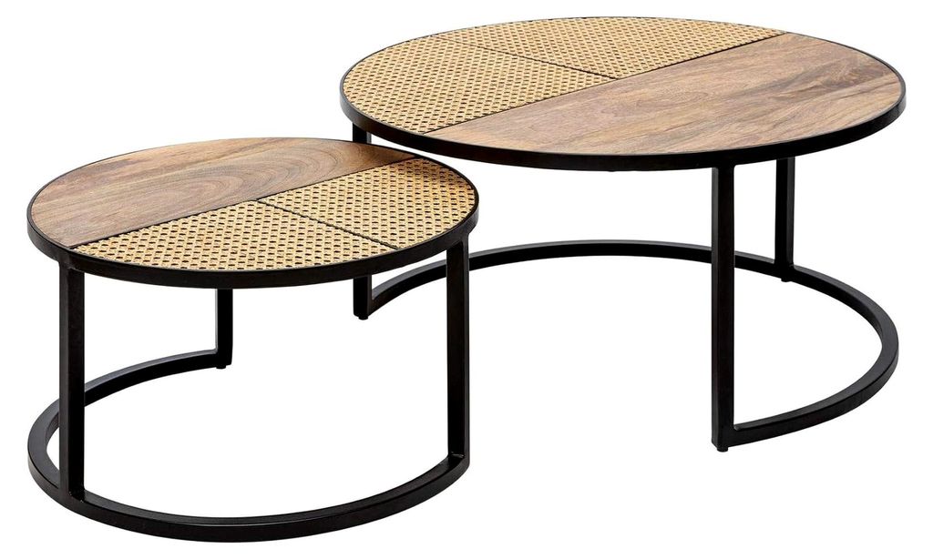 Couchtisch-Set 2er Vienna Lounge 70cm rund aus Mangoholz mit Wienergeflecht