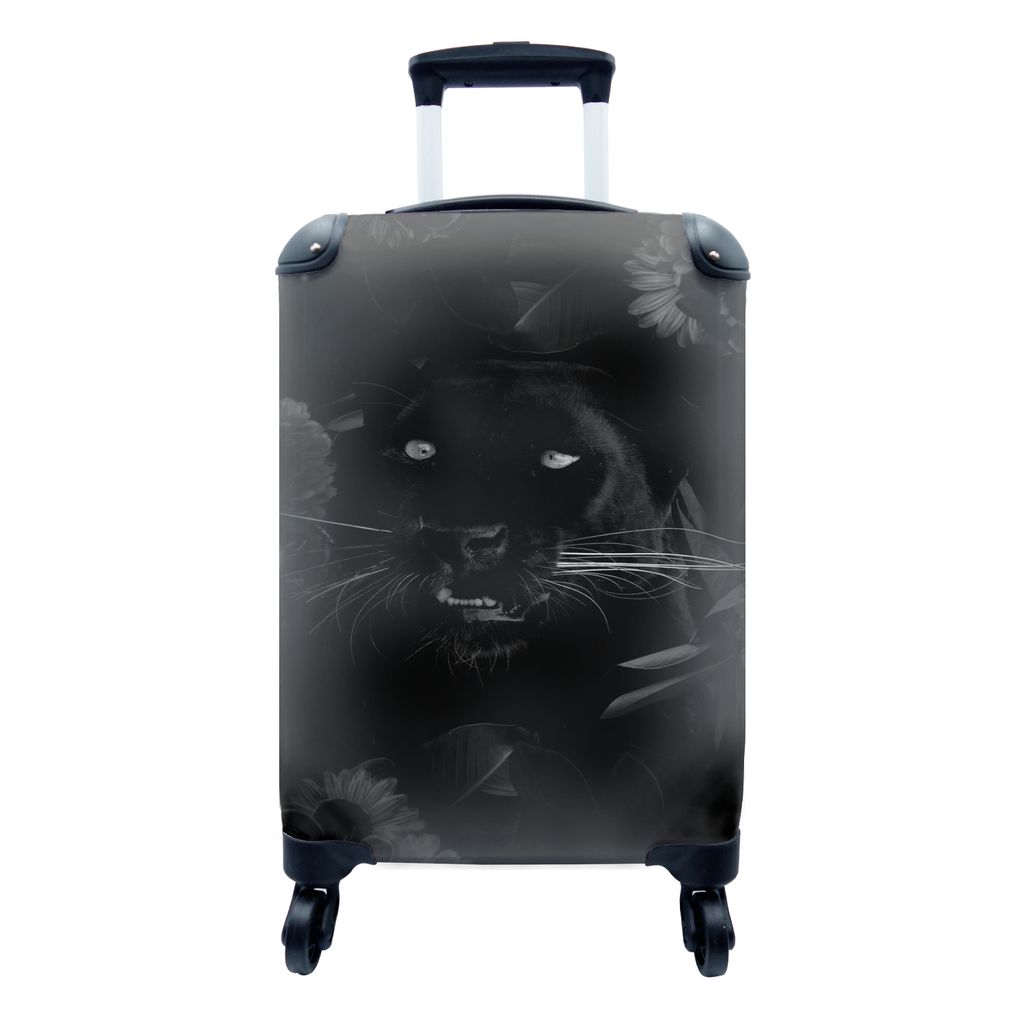 MuchoWow Koffer Handgepäck Trolley Rollkoffer Kleine Reisekoffer mit 4 Rollen - Botanischer Panther vor schwarzem Hintergrund - schwarz und wei...