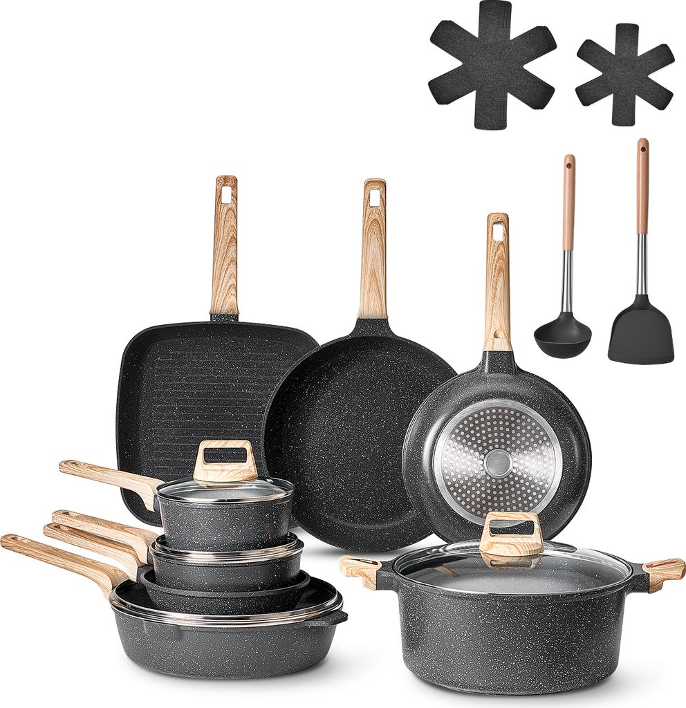 A collection of cookware and kitchen utensils arranged on a white background.