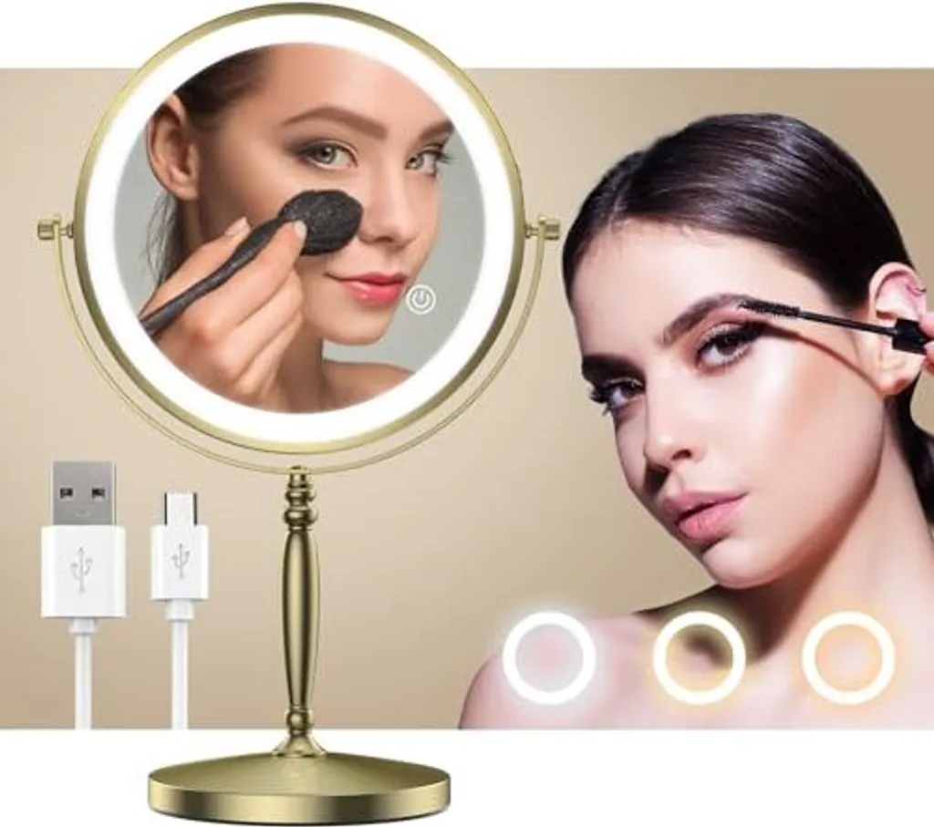 Mateprox 8 pollici luci specchio cosmetico, ricaricabile a doppia faccia 1 x 10 specchio d'ingrandimento, illuminato make-up 3 colori sensore touch dimmbronz