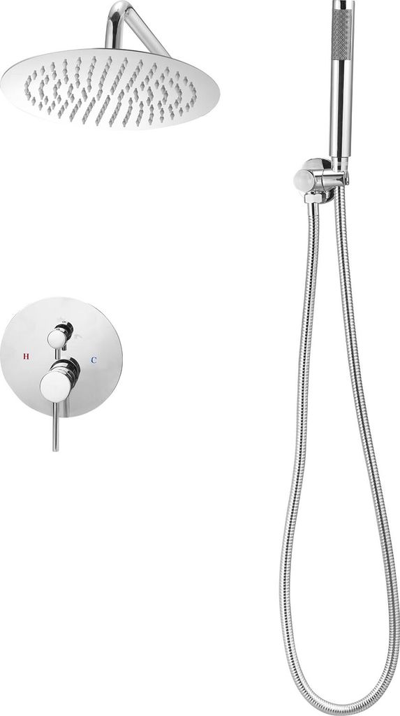 SucceBuy Duscharmatur Regenduschsystem fürs Badezimmer mit 254 mm rundem Regenduschkopf und Handbrause, wandmontierte Badezimmerarmatur mit langle...