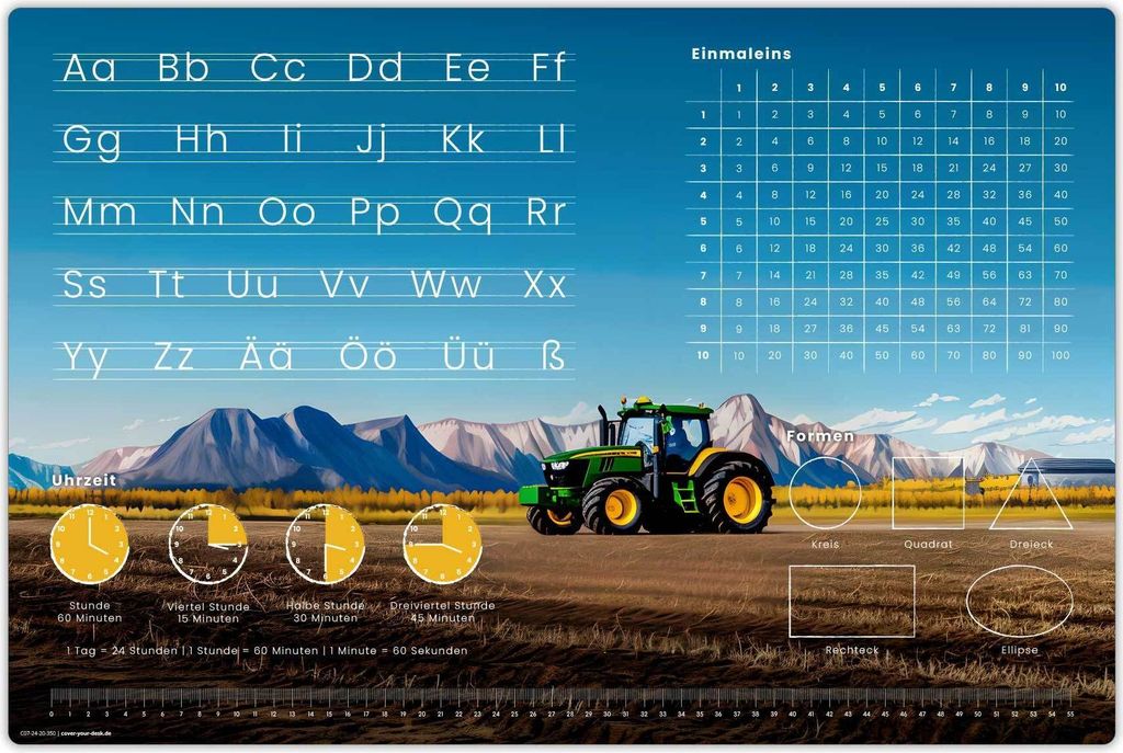 Schreibtischunterlage für Kinder – Lernunterlage in Traktor Optik - ABC, 1x1, Uhrzeiten – 60 x 40 cm – aus Vinyl - Germany - Jungs & Mädchen